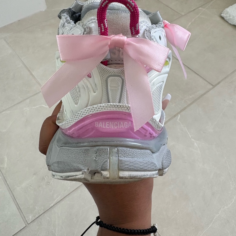 Balenciaga Gray and Pink Chunky Sneakers with Ribbon Accents